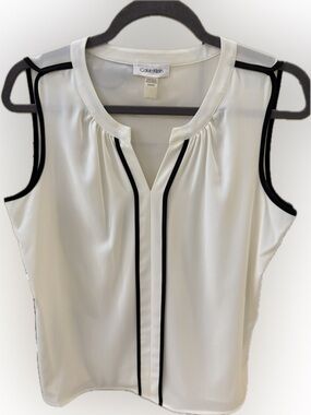 Calvin Klein White Sleeveless Blouse with Black Trim Size Medium